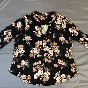 Torrid Floral Blouse Size 1 1X Black Pink Button Front Boho Plus Size